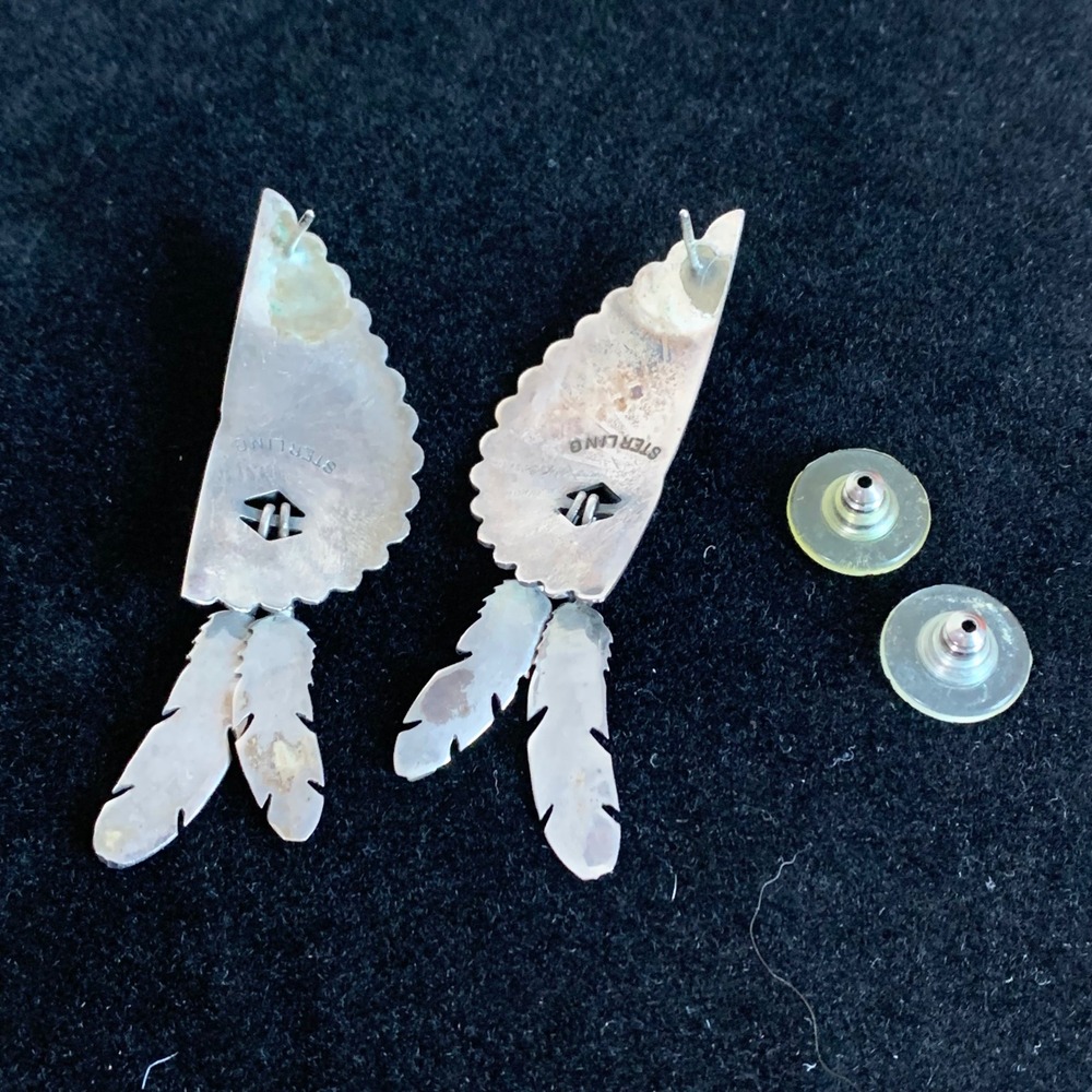Vintage Sterling Silver Turquoise Coral Fan Feather Dangle Post Earrings - Picture 5 of 6